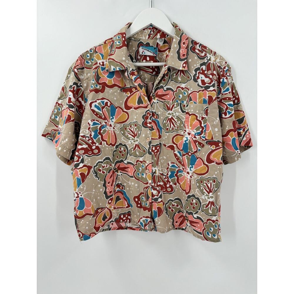 Assemblage Vintage Shirt Womens Medium Beige Butterfly Print Short Sleeve Casual